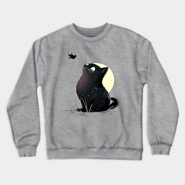 Black Cat With a Bird Crewneck Sweatshirt by KOTOdesign